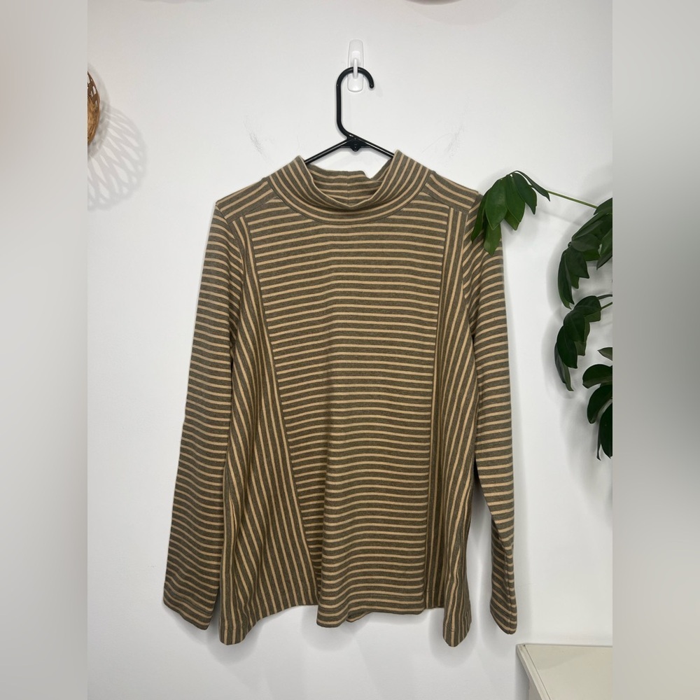 J. Jill Striped Mock Neck Top Medium 100% Cotton Gray Tan Long Sleeve Knit